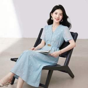 La Chapelle | Blue Embroidery Chiffon Summer V-Neck Slimming Dress