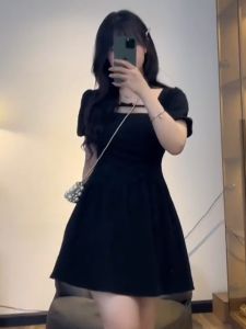 Plus Size French Royal Style Bows Short Sleeve Dress Womens Summer Plus Size Ladies Tight Waist Slim Looking Chic Little Black Dress