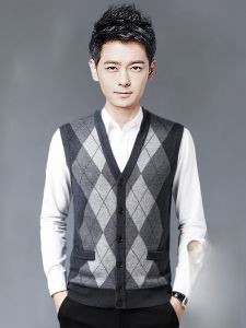 ROMON | Romon Mens Knitted Wool Sweater Vest Autumn Winter New Style Dad Clothes Open Cardigan Sleeveless Shoulder Wool Knitwear