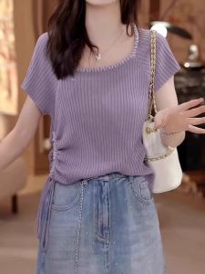 WANGGONGZHU | Elegant U-Neck Short Sleeve Knitwear Womens Summer Fashion Slimming T-Shirt Princess Style Korean Loose Fit Sweat Absorbent