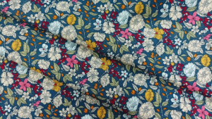 Charlie fabric ผ้าคอตตอนลายดอกพื้นสีน้ำเงิน ลายคมชัด สีสดสวยคุณภาพดีใส่สบายมีของส่งไวผ้าลายน่ารักผ้าหลาผ้ามัสลิน