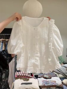 PAIBOLI | Plus Size Womens French Lace Bubble Sleeve Design Sensation Summer Shirt Gored Hem Doll Shirt High-End Feeling Top