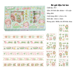 Hộp sticker cute washi tape dán sổ tay decor set 06 cuộn băng dính + 09 hình dán sticker DIY