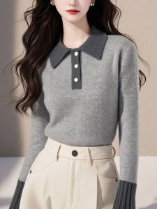 Fashionable Commuter Grey Polo Neck Long Sleeve Knitted Sweater Womens Autumn Unique Super Cute Soft Base Shirt Korean Style