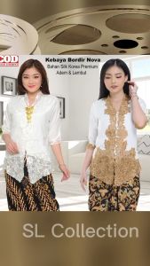 Atasan Kebaya Bordir Emas Nova Bahan Silk Korea Premium Lengan 3/4 Dan Pendek Warna Putih Tulang Mewah | Pakaian Wisuda Acara Pesta Kondangan Tunangan Akad Nikah Wanita Elegan Cantik Kekinian