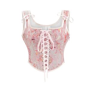 Retro Women Sweetheart Corset Crop Top Bustier with Should Strap Shapewear Gothic Vintage Jacquard Lace-up Overbust Corselet