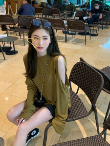 Fashionable Fine ~ New Fall Base Silky Lazy and Loose off-Shoulder T-shirt Summer Womens Long Sleeve Tops Mustard Green