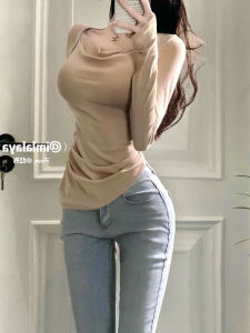 Elegant Long Sleeve Asymmetrical T-Shirt Womens Autumn Winter Design Sense Inner Match Bone Exposure Base Shirt Delicate Top
