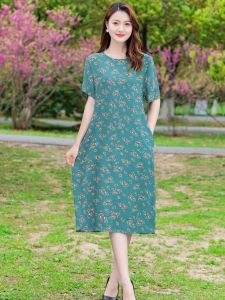 Summer 2023 Loose Fit Short Sleeve Dress Artificial Cotton Knee-Length Outerwear for Middle-Aged Women Home Style round Neck