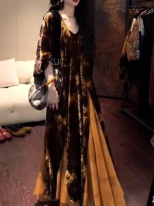 Sanji New Chinese Style Autumn Winter Dress Elegant A-Line Skirt Long Sleeve V-Neck Loose Waist Retro Commute Fashion Dress