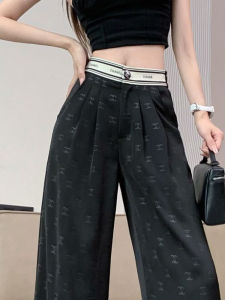 Màu Đen Acetate Satin Ống Rộng Quần Nữ Mỏng Mùa Hè Thiết Kế Cảm Biến Nhỏ Schiaparelli In Cao Vòng Eo Tầng Rủ Dài Quần