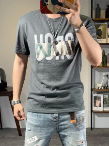 Áo Thun Nam Tay Ngắn Mùa Hè Ice Silk Cotton Linen in Nổi Họa Tiết Chữ Tròn Ôm Vừa Vặn Trẻ Trung Nửa Tay Áo Phong Cách Thường Ngày