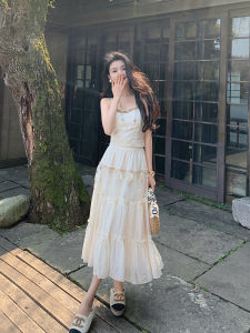 Deng Liujiu French Vintage Heavy Embroidery Apricot Strap Set Women Summer High-End Tassel Half Skirt Two-Piece Set