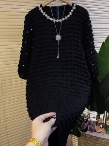 ชุดเดรสยาวทรงเข้ารูปไซส์ใหญ่ ฤดูใบไม้ผลิ 2025 ทรงเข้ารูป เดรสทรงเอ แขนยาว ปกโปโล ผ้าโพลีเอสเตอร์ 100%