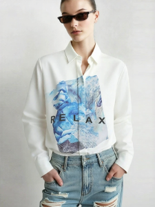 AMII | Turn-down Collar Abstract Letter Print Satin Womens Shirt