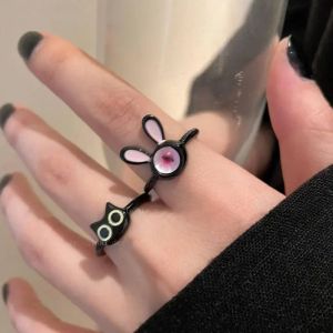 2pcs Punk Funny Black Cat Rings for Women Fashion Sweet Cute Long Eared Rabbit Ring Open Couple Ring Party Finger Accessories