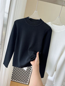Ice Silk Long Sleeve Pure Color Base Shirt Spring Autumn Style Half High Collar Knitted Slim Fit Top Black OL Commute Wind