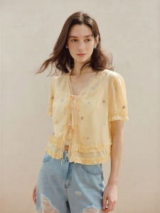 INMAN | French Style Embroidered Tied Linen and Lyocell Shirt Womens Summer Top