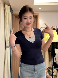 plus Size Womens Slim Fit Short Sleeve T-Shirt V-Neck Color Block Design Korean Style Commute Classic Pattern Summer New Arrival