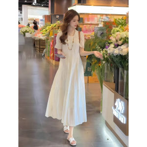 Elegant White Summer Dress Womens Loose Fit Simple Beautiful Long A-Line Skirt Korean Style Polyester Fiber Short Sleeve