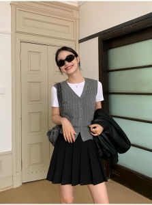 Womens Knitted Short V-neck Sweater Vest Slim Fit Cardigan Soft Fabric Button Detail College Style Inner Wear Top for Autumn Winter