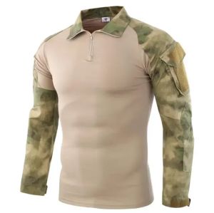 Men Camo 1/4 Zip Cotton Long Sleeve Military Combat Shirts Outdoor Functional Wear Hiking Climbing Hunting Sports Top