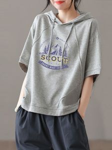 New 2025 Loose Cotton Half Sleeve Hoodie T-Shirt Splice Design Womens Pure Cotton Short Sleeve Casual Comfortable Top