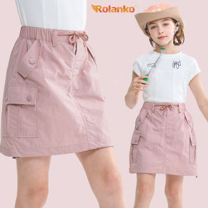 Rolanko กระโปรงคาร์โก้เด็กผู้หญิงกระโปรงสั้นมีกระเป๋าชูชีพกางเกงขาสั้นฤดูร้อนชายหาดกีฬาเดินป่าลำลองสเกิร์ตพร้อม5-14Years ยางยืดขอบกางเกง