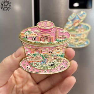 Creative Chengdu Cover Bowl Tea Metal Fridge Magnet Panda Memorial Gift Chengdu Magnetic Slice New Chinese Style Home Decor