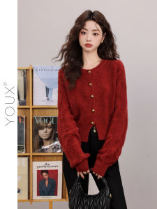 YOUXIANG | Áo Sweater Dài Tay Phong Cách Vintage Màu Đỏ