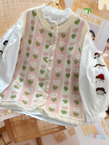 Womens Loose Knitted Sweater Vest Spring Autumn Open Cardigan round Neck Large Size Jacket Outerwear Sweet Style Button Splice