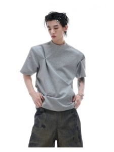 American Style Casual Loose Short Sleeve T-Shirt Men Summer Fashion High Street Irregular Pleated Design Half Sleeve Shirt