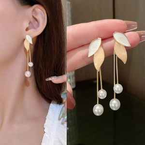 New Leaf 925 Silver Needle Pearl Stud Earrings Fashion Tassel Earring Leaf Earring For Women Jewellery Gift