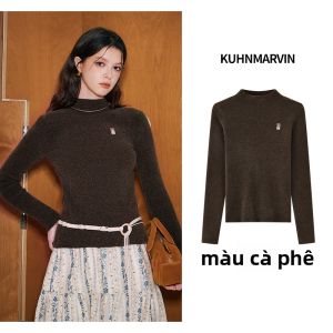 KUHNMARVIN | Áo Sweater Len Thêu Họa Tiết Ôm Dài Tay Phong Cách Retro