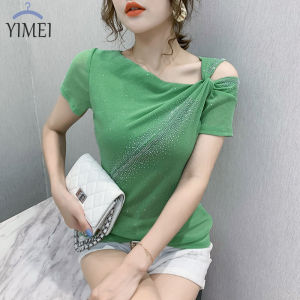 YIMEI Áo Thun Lưới Ngắn Tay Cho Nữ Áo Ủi Siêu Co Giãn Phong Cách Phương Tây Thời Trang Mới Mùa Hè 2022 Áo Nhỏ Áo Trễ Vai Gợi Cảm