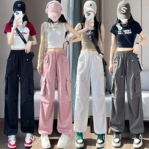 American Style Pink Work Pants Womens Hiphop Drapey Versatile Street Dance Straight Loose Cuffed Sports Wide Leg Trousers