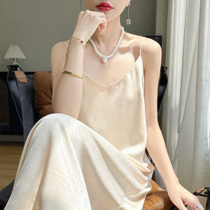 ชุดเดรสยาวผ้าซาตินอะซิเตทมีสไตล์ย้อนยุคสำหรับผู้หญิง เดรสยาวคลุมเข่าคอวี กระโปรงทรงเอ ฤดูใบไม้ผลิและฤดูร้อน