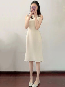 High-Waist Slim-Fit White Fish Tail Dress for Women Summer Chic French Style Zippered Crewneck Long Dress