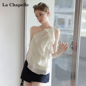 La Chapelle | Flared Hem Ruffle Sleeveless Asymmetric Neck Top for Petite Slimming