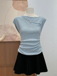 Slim Fit Knitted Short Sleeve T-Shirt Women Summer Design Unique Shoulder Style Outerwear No Sleeve Top Comfortable Breathable