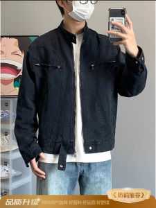 Grey Heavy-Weighted Short Mens Denim Jacket Stand Collar American Retro Harington Coat Ball Game Sportswear for Autumn