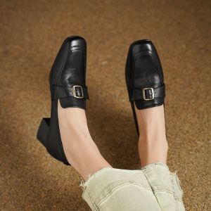 French Vintage Top Layer Cowhide mid Heel Slip-On Loafers Deep Mouth Single Shoes Womens Belt Buckle Decorative Chunky Heel