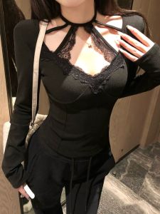 GUZILIAN | Autumn Winter Lace Trim Slim Fit Long Sleeve Knitted T-Shirt Womens Base Layer Shirt V Neck Velvet Fabric Simple Style