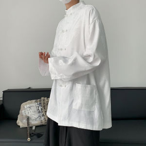 New Chinese Style Dragon Pattern Button down Silk Casual Shirt Mens Loose Fit Stand Collar Long Sleeve Fashionable Spring Shirt