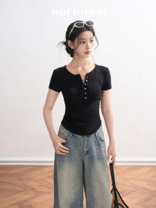BAIDAIFEI | Henley Neck Short Sleeve T-Shirt Slim Fit Lace Irregular Hem