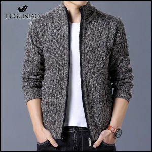 Áo len nam Áo cardigan rộng áo len len giản dị mùa thu và mùa đông Áo khoác cổ đứng đệm nhung cho nam