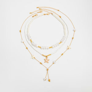 Fashionable Starfish Pearl Necklace Set 3 Pieces Layering Clavicle Chain Popular Design Jewelry Accessories for Women
