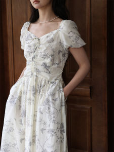 French Print Bubble Sleeve Dress Women Summer 2025 Waist Cinched Slim A-Line Skirt Short Sleeve Midi Dress Square Collar