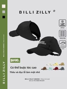 BILLI ZILLY | Mũ bóng chày không mũ thêu màu xám cho nữ mùa hè 2025 Mũ rộng phong cách mới hình mỏ vịt che chắn nắng
