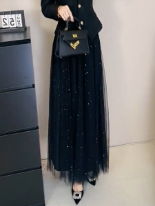 MANMI | Chân Váy MESH Đen Dài Cao Cấp Phong Cách ELEGANT